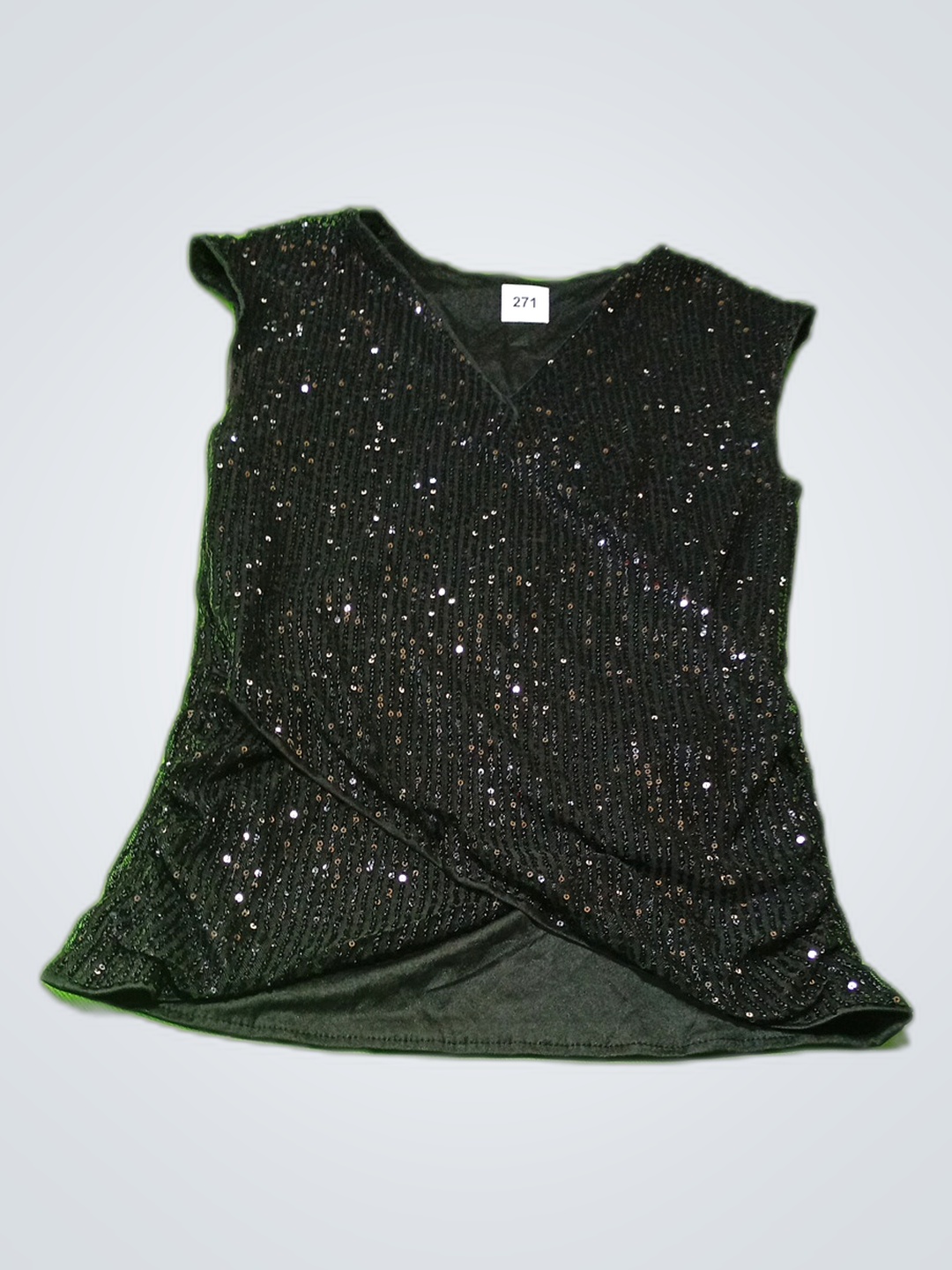 Black Sequined Sleeveless Wrap Blouse