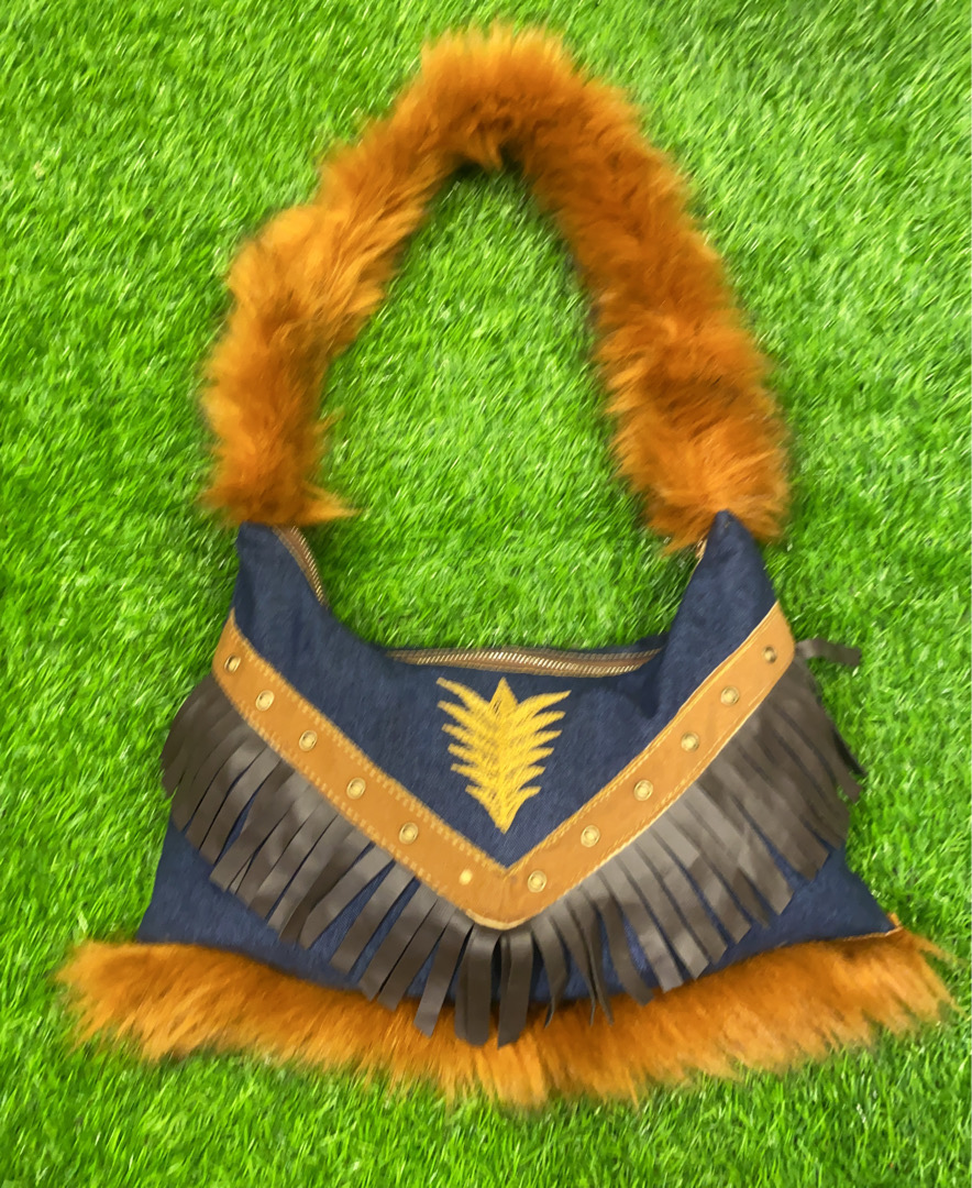 Denim Shoulder Bag with Fur Trim